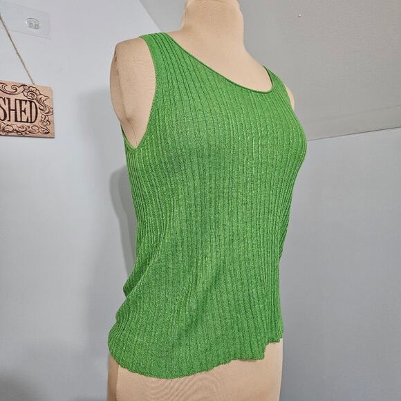 Eileen Fisher Top Ribbed Knit Sweater Green XS 100% Linen Sleeveless Minimalist - Picture 3 of 14